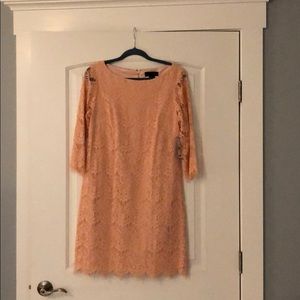 Lace overlay peach sheath dress